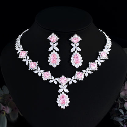 ✨✨/ Diamond Necklace Earrings Set Evening Gowns Weddings Pink Zircon Bridal Accessories