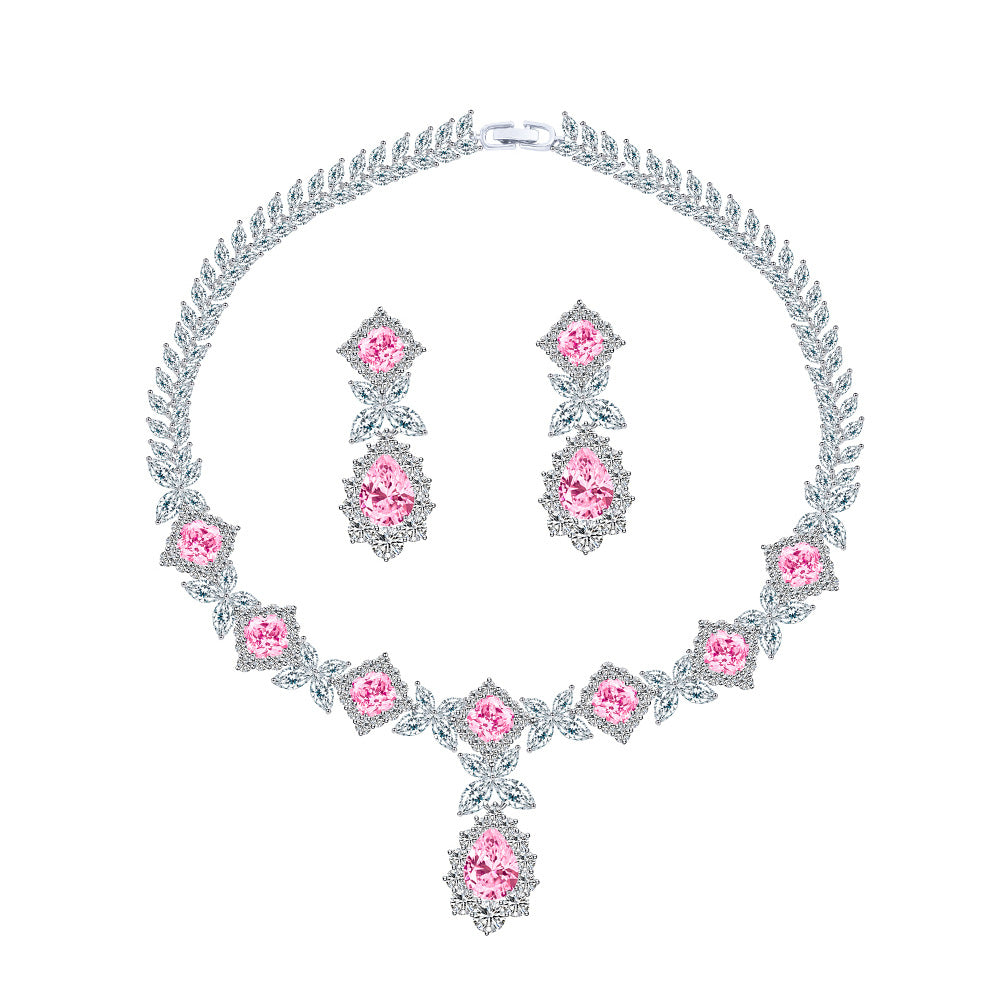 ✨✨/ Diamond Necklace Earrings Set Evening Gowns Weddings Pink Zircon Bridal Accessories