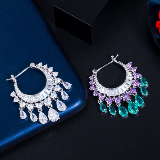 【🔥🔥HOT SALE】New sparkling circle water drop zircon tassel earrings Water Drop Earrings Blue Hoop earrings🎁