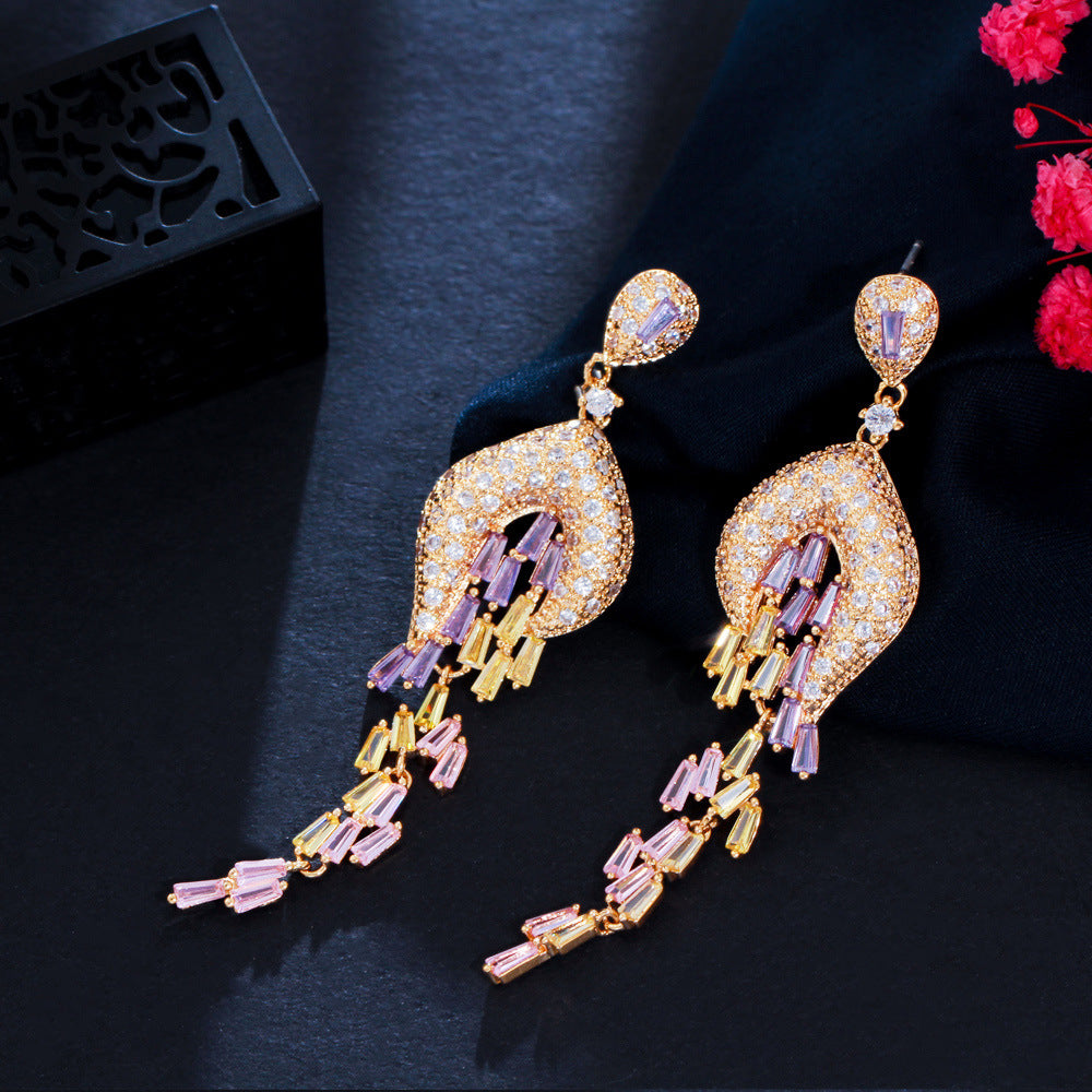 ✨✨/ Diamond Necklace Earrings Set Evening Gowns Weddings Pink Zircon Bridal Accessories