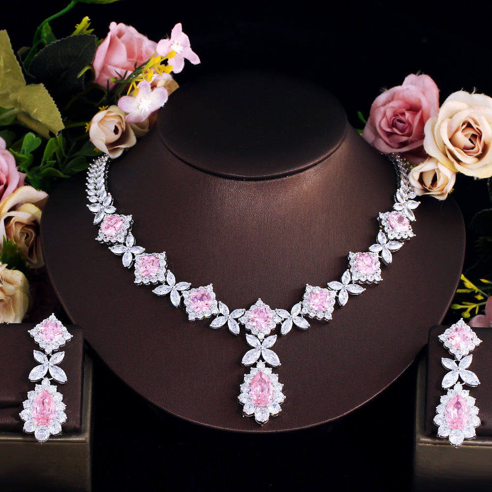 ✨✨/ Diamond Necklace Earrings Set Evening Gowns Weddings Pink Zircon Bridal Accessories