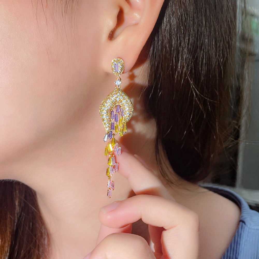 ✨✨/ Luxury  Fashionable Ladies  Colorful Zircon Tassels S925 Silver Post Earrings/✨✨