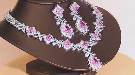 ✨✨/ Diamond Necklace Earrings Set Evening Gowns Weddings Pink Zircon Bridal Accessories